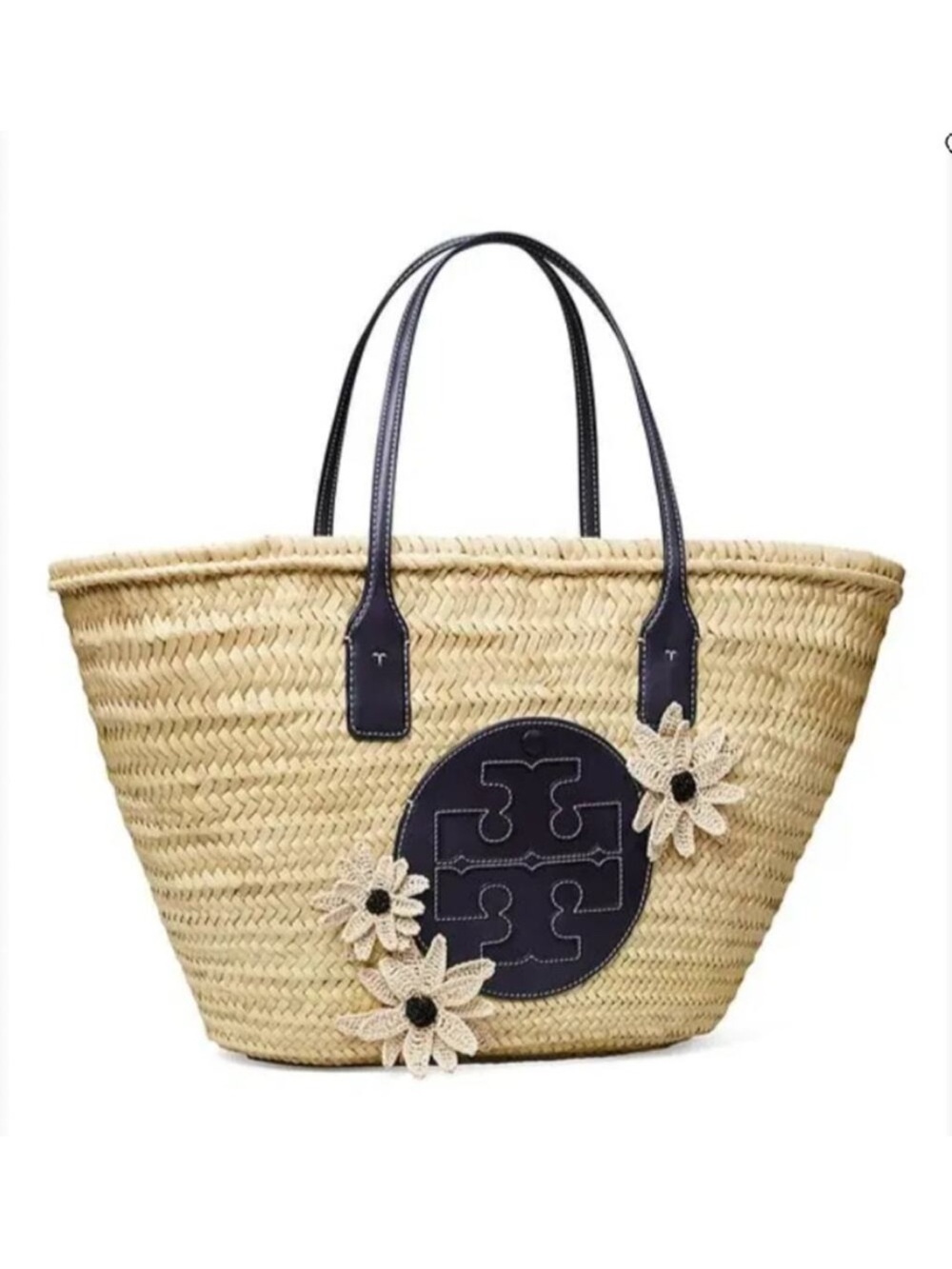 Tory Burch Natural Straw Tote with Navy Logo Patch and Navy Handles